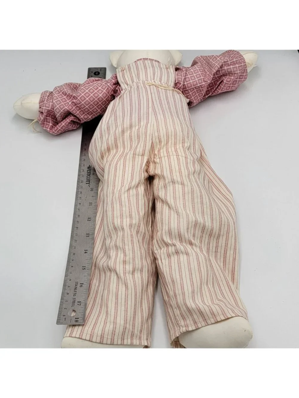 Vtg 1991 Grannycore Handmade Fabric OOAK Plush Teddy Bear in Striped Overalls
